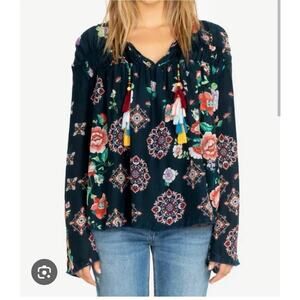 Johnny Was Womens Designer Black Embroidered Multi Harley Top Small Tasseled